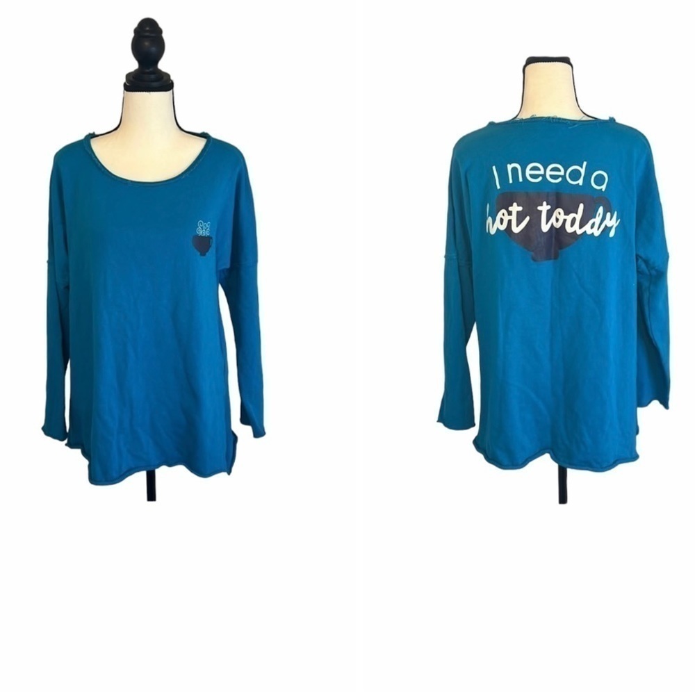 Crown & Ivy I Need A Hot Toddy Raw Hem Sweatshirt Top Blue Size Large